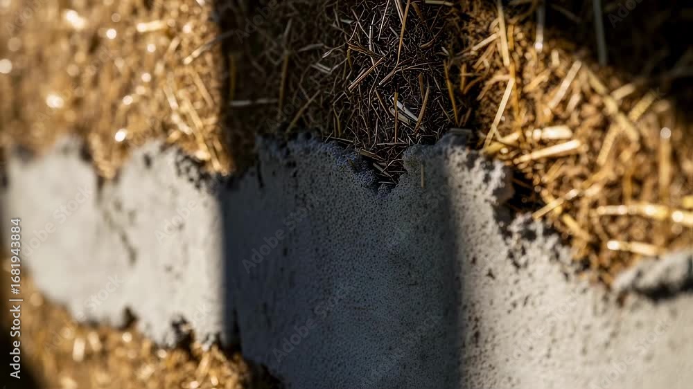 Poster footage of drying phase after plaster application on strawbale wall with sunlight casting shadows th