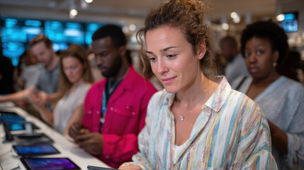 A focused woman examines her phone while shopping in a bustling retail environment, capturing the essence of modern consumer behavior in a lively atmosphere.