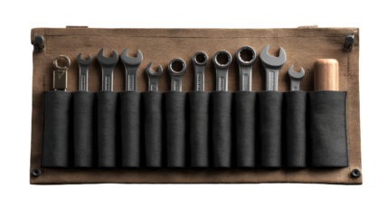 Wooden tool tray holds various wrenches.  Dark gray wrenches are housed in compartments, neatly organized.  Tan/brown wood frame