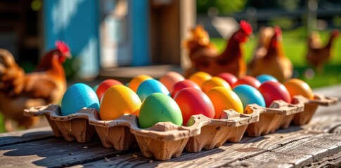 Vibrant colored chicken eggs nestled on a rustic wooden table in a sunny chicken farm setting, blue eggs, colorful, rustic