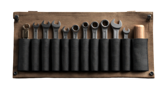 Wooden tool tray holds various wrenches.  Dark gray wrenches are housed in compartments, neatly organized.  Tan/brown wood frame