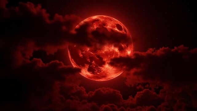 Dramatic blood moon emerges through ominous clouds, casting an eerie glow across the star-filled night sky, perfect for cosmic storytelling.