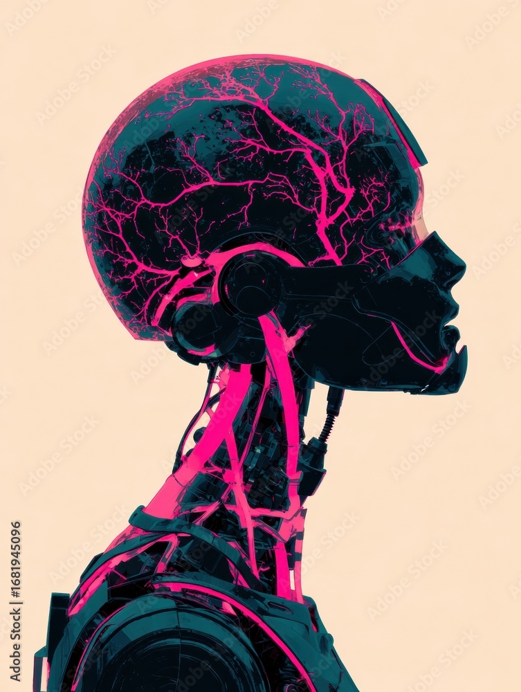 Poster a side view of a detailed robotic head featuring glowing pink circuitry that highlights its intricat