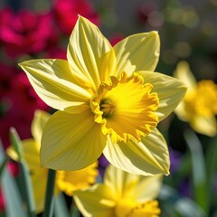 Obraz premium Vibrant daffodil, sunny yellow petals, trumpet-shaped corona, delicate spring bloom, close-up view, botanical beauty, nature's sunshine, spring, yellow flower, vibrant