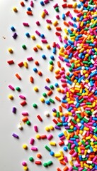Obraz premium Vibrant rainbow sprinkles scattered on a pristine white background, ideal for baking, confectionery, and celebratory designs, sprinkles texture, rainbow, food photography
