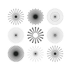 Black abstract and isolated assorted round different sunbeam icons set design element on white background