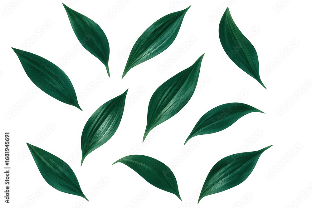 Poster green leaves falling softly, creating delicate organic pattern on transparent backdrop for design co