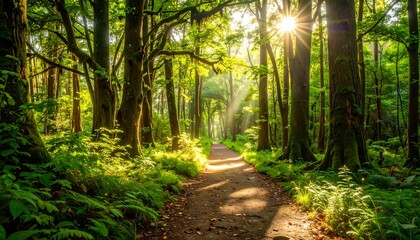 Obraz premium Sunlight streams through a lush forest path, illuminating the vibrant green foliage and ancient trees.