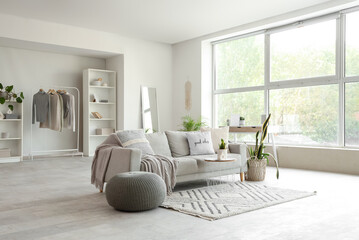 Interior of light living room with grey sofa, coffee table, houseplant and window