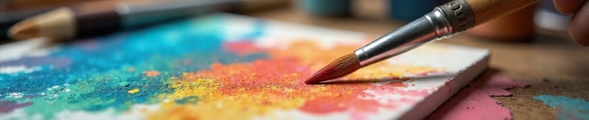 Close-up of a paintbrush resting on a canvas, surrounded by art supplies; a serene scene suggesting creative leisure time , pencils, colorful