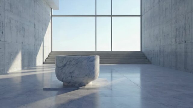 An interior architectural space with minimalist design, featuring large windows and concrete monolithic structures.