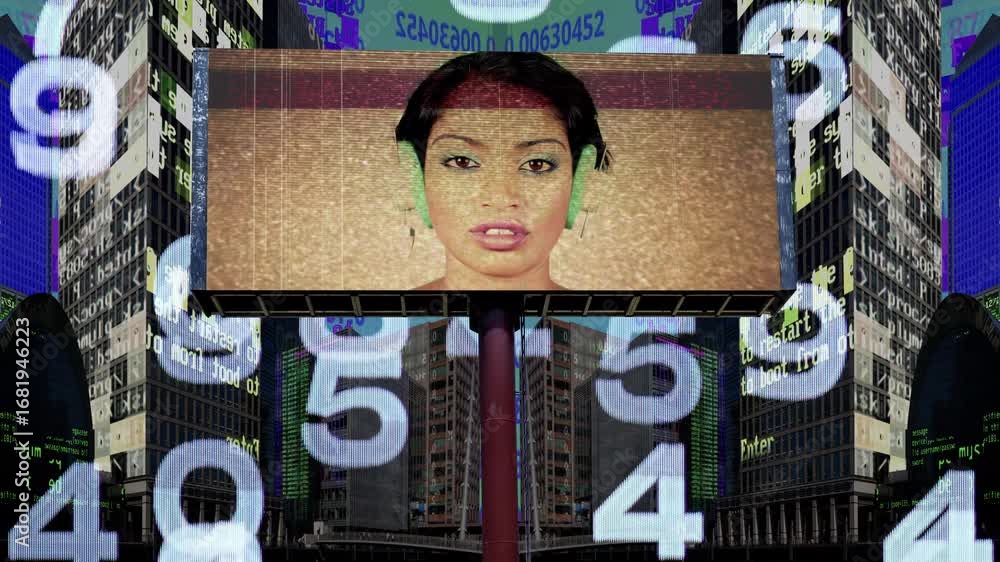 Poster city with overlayed code and data and billboard with disco dancer
