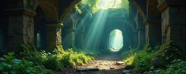Obraz premium Mysterious, ethereal light beams through ancient, moss-covered ruins, hinting at a divine, otherworldly presence A sense of awe and wonder permeates the sacred, forgotten space , tranquil, heavenly