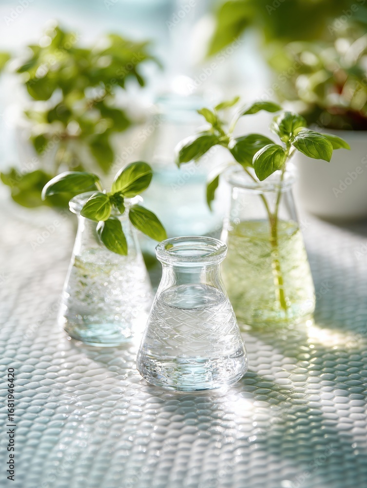 Poster basil cuttings thrive in glass vases filled with clear water, illuminated by sunlight, with a textur
