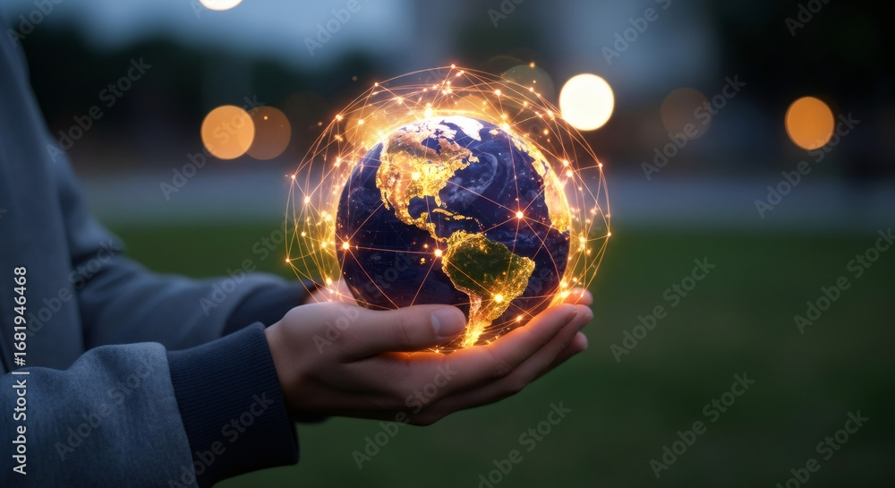 Poster a person holds a glowing earth globe with a connected network grid. global communication technology 