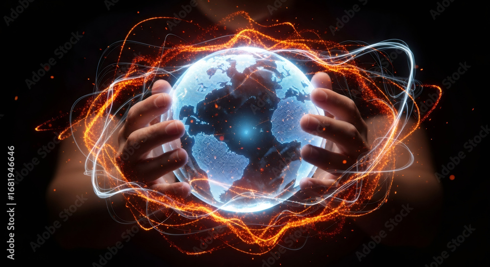 Poster man holding a glowing digital earth globe surrounded by energetic particles. global communication an
