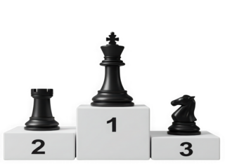 Chess king crowned champion on white podium with rook and knight
