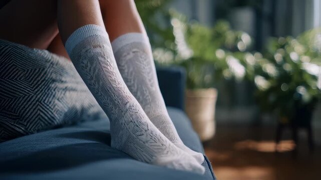 Medium frame showing teen with legs elevated wearing compression socks blurred living room behind portraying symptom relief methods for postCOVID POTS.