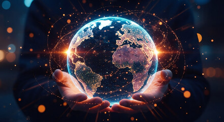 Obraz premium Man holding a glowing digital Earth in hands, network connections encircling it. Global technology and communication concept.