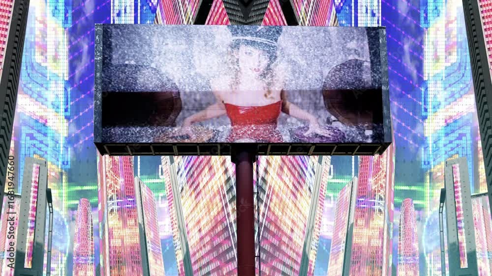 Poster city with overlayed code and data and billboard with disco dancer