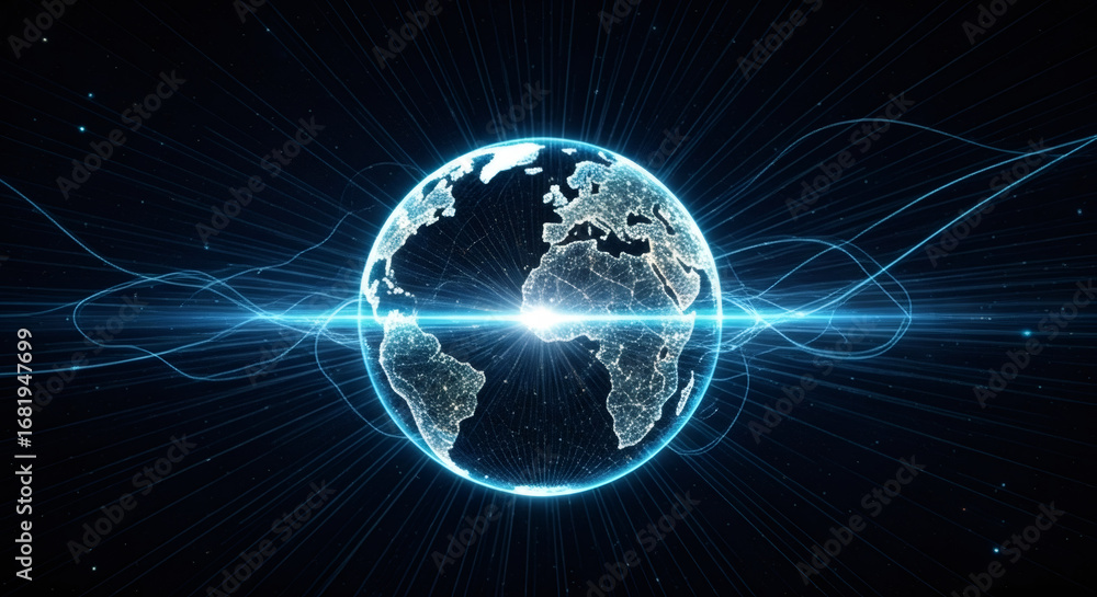 Poster digital earth globe with blue light rays. global connection and communication network technology con