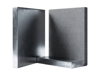 Two rectangular, metallic panels, one brushed silver, one gray textured, angled and stacked