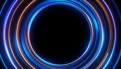 Multi-layered concentric circles of vibrant blue and orange glowing lines create a dynamic and futuristic design on a black background.