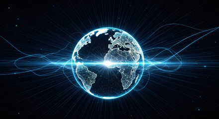 Obraz premium Digital earth globe with blue light rays. Global connection and communication network technology concept. Abstract cyberspace visualization.