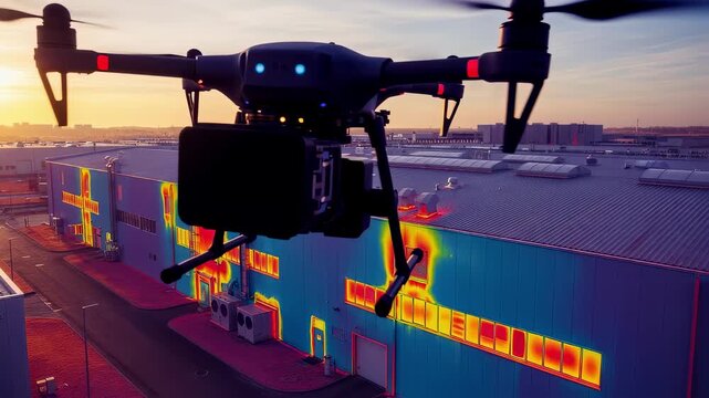 Drone capturing infrared footage of an industrial facilitys fa&ccedil;ade highlighting hotspots and areas of poor thermal retention from above.