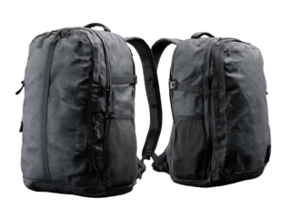 Two dark gray backpacks, side-by-side, showing various compartments and straps