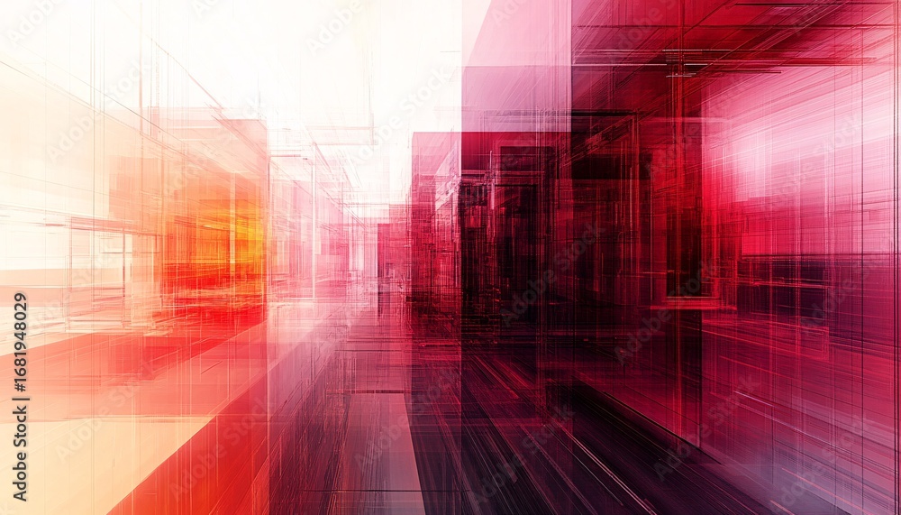 Poster the illustration shows a digital rendering of an abstract city, with red and white geometric shapes 
