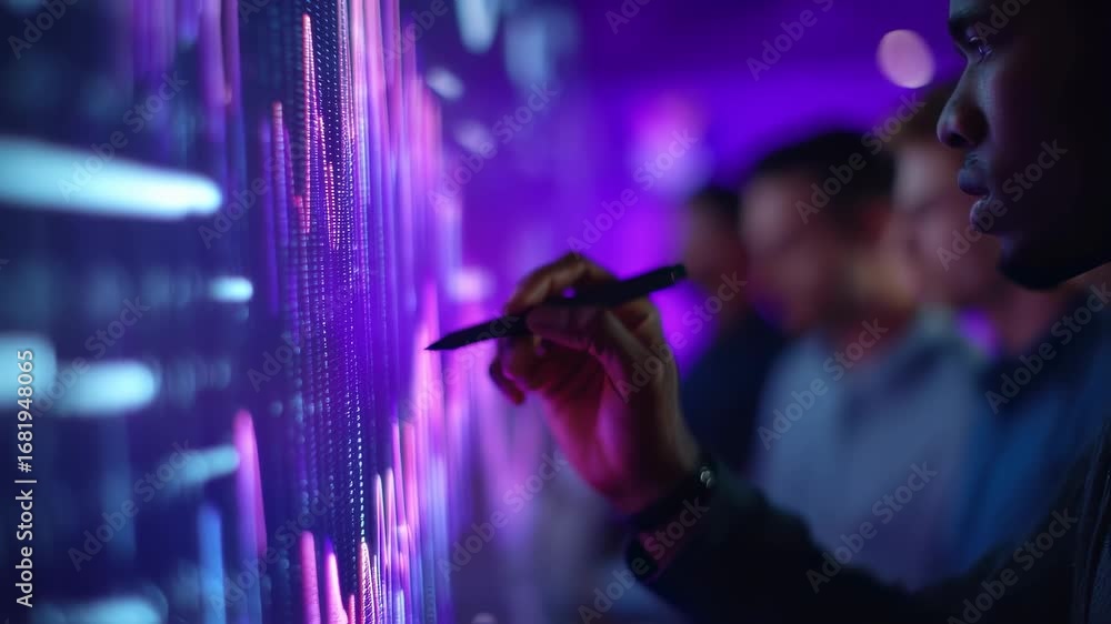 Poster medium shot highlighting a data analysts pointer on cyber tactic charts on a purple backlit collabor