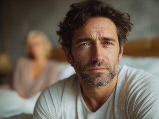 Fototapeta premium Troubled mature man in bedroom feeling male impotence, erectile dysfunction, decreased sexual activity, and intimate relationship issues with partner.