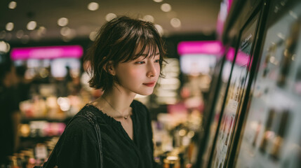 Traveler engaging with multilingual beauty ai in airport shopping experience