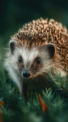 Fototapeta premium Hedgehog explores lush greenery during the early morning light in a peaceful woodland setting