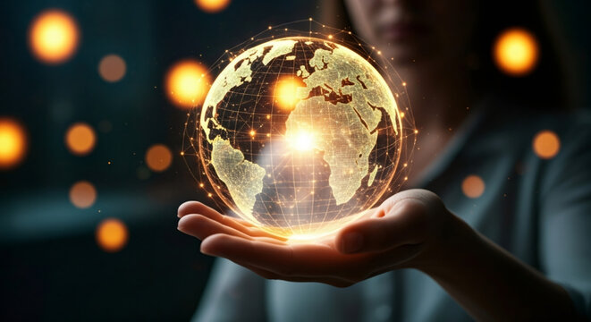A woman holds a glowing digital earth in her hand with a network of connections. Global communication and technology.