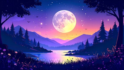 Naklejka premium Nighttime landscape with a large moon