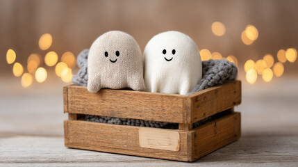 Cozy autumn decor with wooden crate and cute knit ghosts on warm blanket