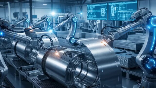 Fabrication area featuring robotic arms shaping metallic enclosures for SQUID magnetometer shield rooms emphasizing automation and technological innovation.