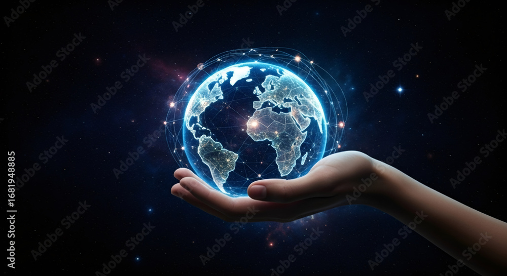 Poster human hand holding earth with global network. world planet with connection lines and dots. communica