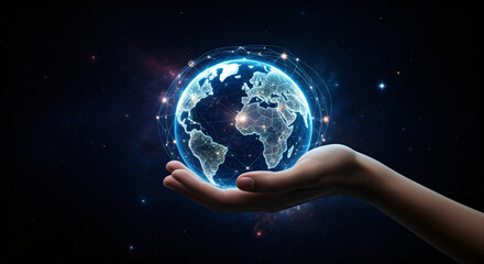Human hand holding Earth with global network. World planet with connection lines and dots. Communication globe concept for environment.
