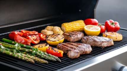 Delicious mixed grilled steaks and colorful vegetables for a perfect barbecue