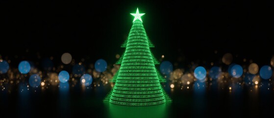 modern green binary tree glowing neon lights festive holiday decor | holiday, christmas, festivity, futuristic, technology theme