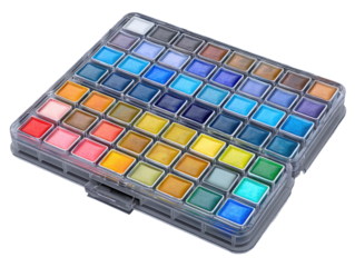 Transparent plastic case filled with numerous small, square watercolor paint containers of various colors.  The case is open, showcasing the vibrant pigments within