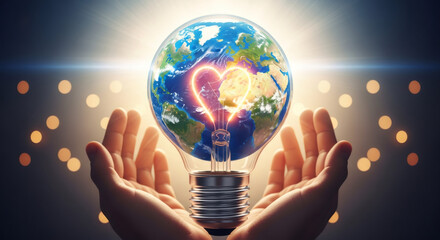 Hands holding a light bulb with an earth globe and glowing heart filament. Concept of environmental protection and energy saving.