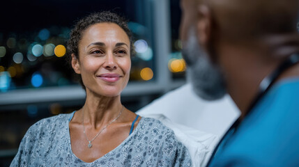 A woman in a hospital gown smiles warmly at a physician during a comforting conversation, highlighting the supportive environment of healthcare and the importance of human connection.