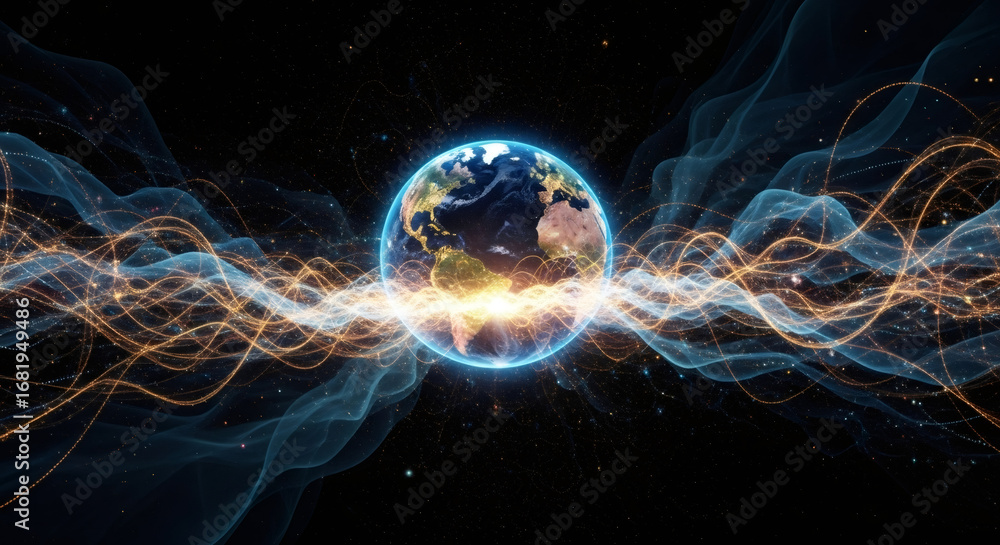 Poster earth planet global network connection and communication system. abstract data stream linking contin