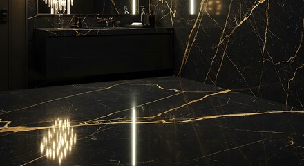 Sophisticated bathroom interior featuring black marble with gold veins and modern design