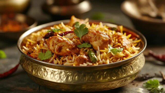 A bowl of mouthwatering biryani rice with chicken, garnished with herbs and spices. A delicious and traditional Indian dish that offers both flavor and nutrition.