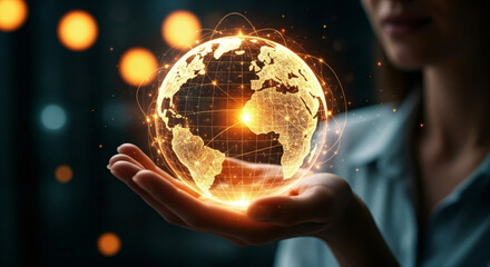 Woman hand holding glowing digital globe with network connections. Global communication and internet technology concept.